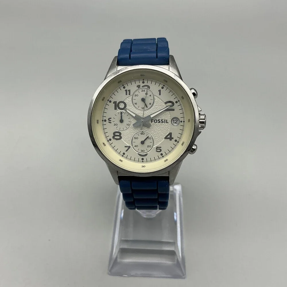 Fossil Maddox CH-2474 Mens Watch 38mm Blue Silicone Chronograph Stainless